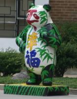 Panda in front of Chinese embassy; painted with Chinese characters