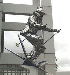 Chrome statue of skier