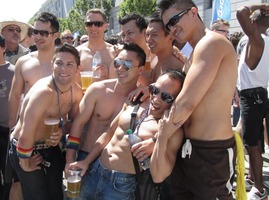 Group of eight shirtless guys, 5 asian, 3 caucasian